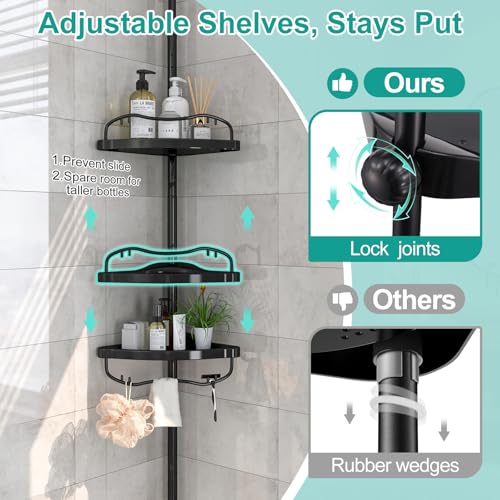 Lilyvane Corner Shower Caddy: Rustproof 125" Tension Inside Shower Organizer, Adjustable Bathroom Organizer Shelves for Bathtub Shampoo Conditioner Storage, Floor to Ceiling Standing Caddy - color: Black