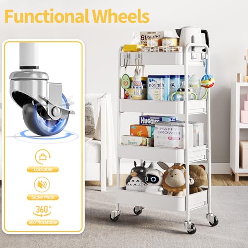 TOOLF 4-Tier Rolling Cart - Metal Storage Organizer with Lockable Wheels, 44 lbs Per Shelf Capacity, Tool-Free Assembly, for Kitchen Bathroom Office Laundry Room Nursery, White - color: White, size: 4-Tier