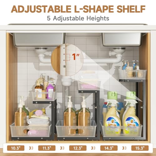 ETOYA 2 Pack Under Sink Organizer Kitchen, 2-Tier Pull Out Cabinet Organizer, L-Shaped Adjustable Height, Acrylic Under Sink Storage Shelf for Kitchen, Bathroom Vanity & Utility Closet - color: black