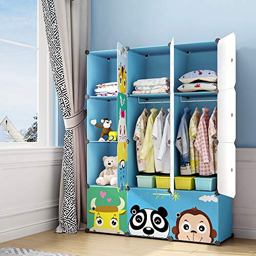 MAGINELS Kids Closet,Baby Wardrobe Closet with Door,Cute Portable Armoire Dresser,Clothes Hanging Storage Rack for Boy Bedroom,Blue,12 Cube(14x14inch) - color: Blue, size: 12 Cube