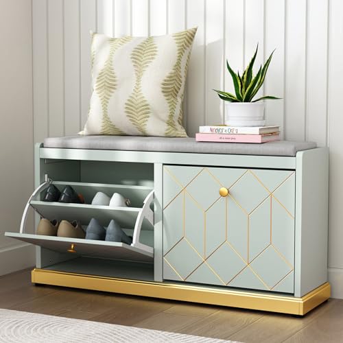 HLR Shoe Bench with Storage, Modern Entryway Bench with 2 Flip Drawer & Padded Cushion Seat, Shoes Storage Bench for Hallway, Closet, Living Room, Green Shoe Storage Cabinet with Bench - color: Green