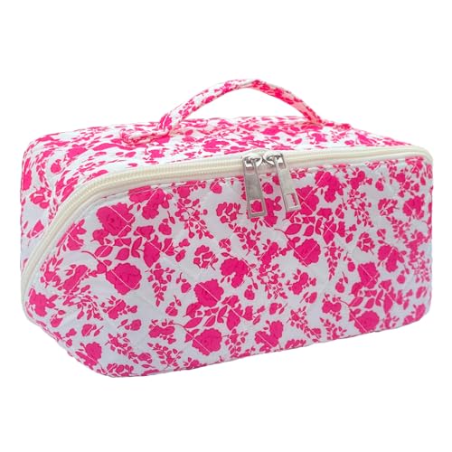 Rose Red Large Quilted Floral Makeup Bag Cute Coquette Aesthetic Cosmetic Bag Open Flat Travel Toiletry Make up Bag for Women - color: C-lay flat rose red