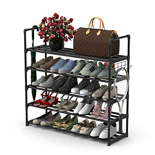 Hsscblet 5 Tiers Metal Shoe Rack,Adjustable Shoe Shelf Storage Organizer with Hooks,Stackable Boot & Shoe Storage,for Entryway,Hallway,Closet,Black - size: 5-Tier