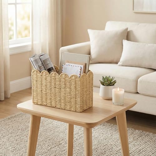 Paper Rope Magazine Holder for Floor, Wicker Magazine Basket, Tall Narrow Book Basket & File Holder for Books, Mail, Newspapers & Papers, Scalloped Storage Basket for Living Room, Office, Bedroom - color: Khaki(Paper Rope)