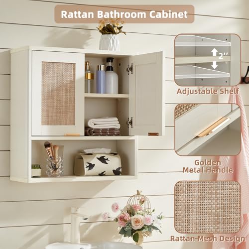 LEYAOYAO Rattan Bathroom Wall Cabinet, Boho Medicine Cabinet with Adjustable Shelve & Doors, Over The Toilet Storage Cabinets Organizer for Laundry Room, Kitchen, Living Room, White - color: White, size: 7.7"D×23.5"W×24"H