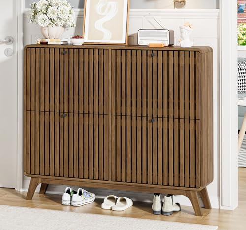 Jluomei Large Shoe Cabinet for Entryway, Bamboo Narrow Shoe Cabinet Storage with 4 Flip Drawers, Slim Fluted Shoe Rack Organizer for Entry Way, Hallway, Thin, Skinny, Wood, Walnut - color: Walnut-4 Drawers
