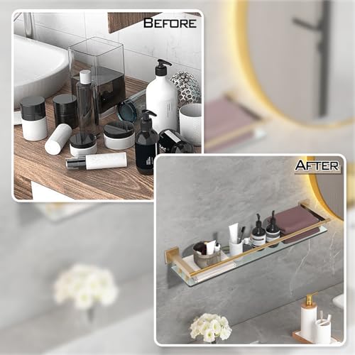 Glass Shelf for Bathroom 24 inch Rectangular Stainless Steel Wall Sheves Tempered Glass Modern Stainless Steel Wall Mount Accessories Organizers Storage (Brushed Gold) - color: Brushed Gold, size: 24'' with Railing