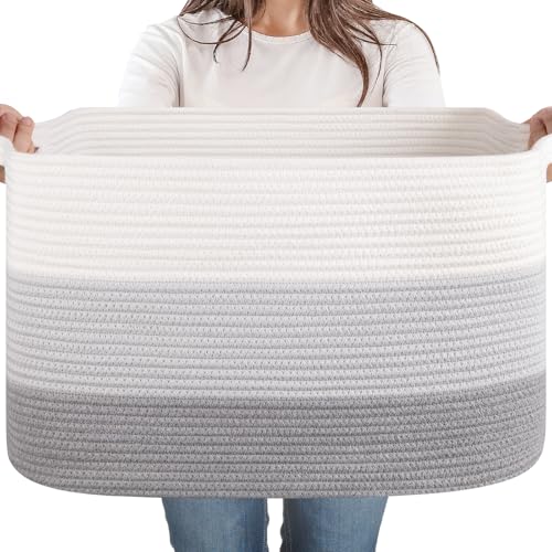 65L Cotton Rope Large Blanket Basket (19.7"x15.7"x11.8") for Living Room, Kids Room & Laundry, Storage Basket with Handle for Organizing Blankets, Pillows, Clothes & Toys, Gradient Grey - color: Gradient Grey, size: 19.7"x15.7"x11.8"
