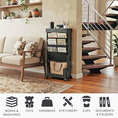5-Tier Mobile Bookshelf, Rolling Bookcase Book Storage Rack, Movable File Folder Organizer Cart with Wheels for Home Study Office Living Room Classroom, Black - color: Black, size: 5-Tier