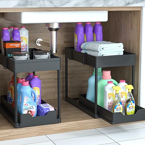 Under Sink Organizer -2 PACK|Pull Out Bathroom Organizer|2 Tier Slide Out Bathroom/Kitchen Organiers and Storage. (2 PACK Normal) - style: 2 PACK Normal