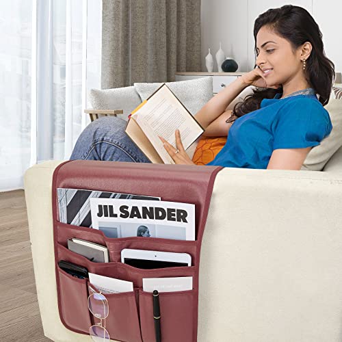 Teniux Remote Control Holder Faux Leather Armrest Organizer with 6 Pockets for recliner couch sofa, Armchair Caddy for Smart Phone, Book, Magazines, Ipad, Remotes (Rose Wine) - color: Rose Wine