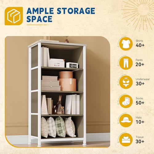 DWVO Dresser with 4 Drawers - Fabric Storage Tower, Organizer Unit for Bedroom, Hallway, Hallway, Closets - Sturdy Steel Frame, Wooden Top & Easy Pull Fabric Bins - color: Oak Greige, style: 4-Drawer