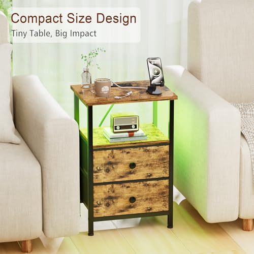 LOAKEKEL Night Stand with Charging Station, Small Bedside Table with USB Ports & Outlets, LED Nightstand with 2 Fabric Storage Drawers PU Finish for Bedroom, Brown, HETS02BR-1 - color: Rustic Brown, style: Two-drawer