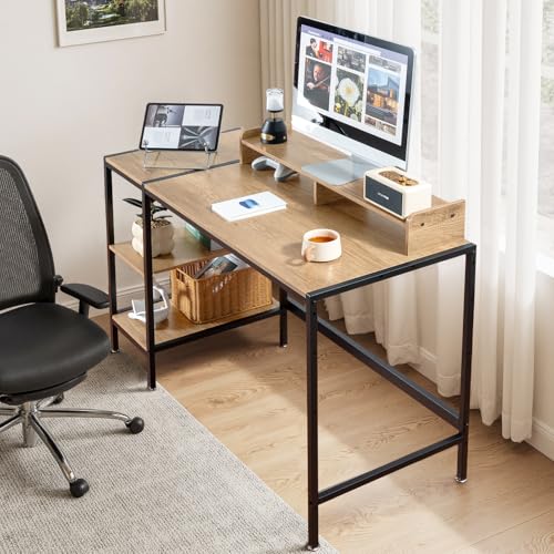 MINOSYS 47-inch Computer Desk with Storage Shelf - Natural Wood Ideal Gaming Desk for Bedrooms, Small Spaces, and Home Offices Modern Writing Desk for PCs. - color: Tx-ash, size: 47 inch