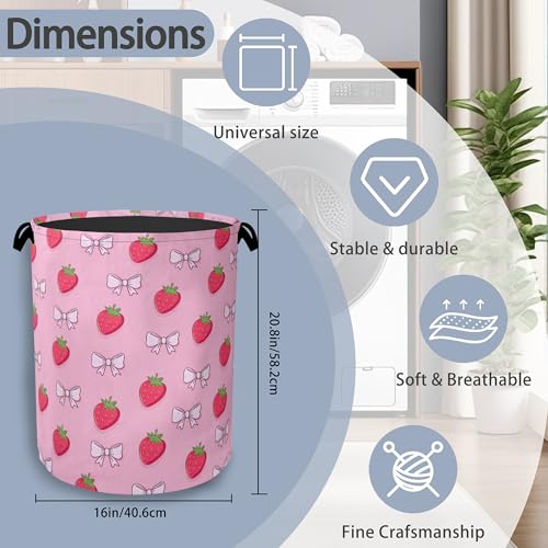 Cute Strawberry Laundry Basket,Bow Foldable with Handles Tote Bag Oxford Cloth for Bathroom Bedroom Dirty Clothes Storage Bucket 16" x 20.8" - color: Cute Strawberry Bow
