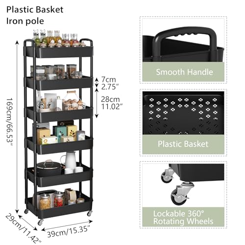 Sywhitta 6-Tier Plastic Rolling Utility Cart with Handle, Multi-Functional Storage Trolley for Office, Living Room, Kitchen, Movable Storage Organizer with Wheels, Black - color: Black, size: 6-tier