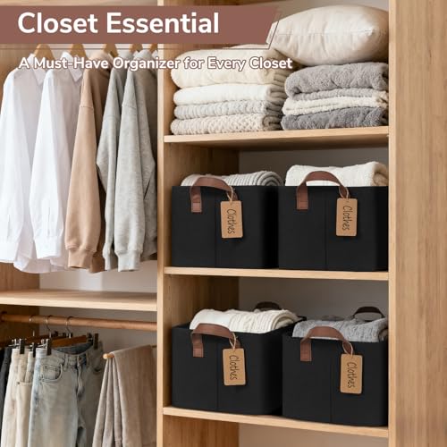CHICVITA 4 Pack Storage Baskets for Shelves, Collapsible Fabric Closet Storage Bins with Metal Frame, Towel Organizer for Living Room, 14.8" x 10.3" x 8.3", Black - color: Black, size: 20L (14.8"L x 10.3"W x 8.3"H)