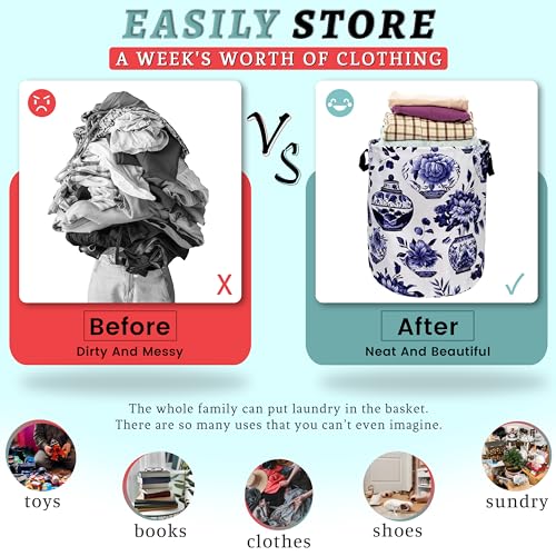 Blue White Floral Laundry Basket Foldable With Handles Vase Flower Tote Bag Oxford Cloth Color Laundry Hamper Clothes Storage Bucket Toy Organizer For Bathroom/Laundry/Bedroom 18.9"x16.5 " - color: Blue and White Vase Floral Flowers