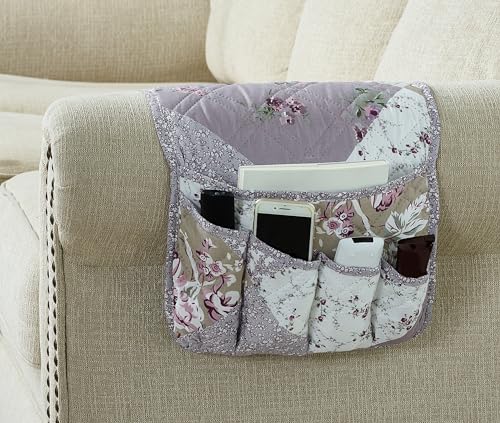 Brilliant Sunshine Lilac Rose Patchwork Couch Armrest 5 Pockets Organizer, Slip Resistant Recliner Armchair Caddy, Washable Remote Controls Holder, Storage for Magazine, Tablet, Phone, iPad, Lilac - color: Lilac