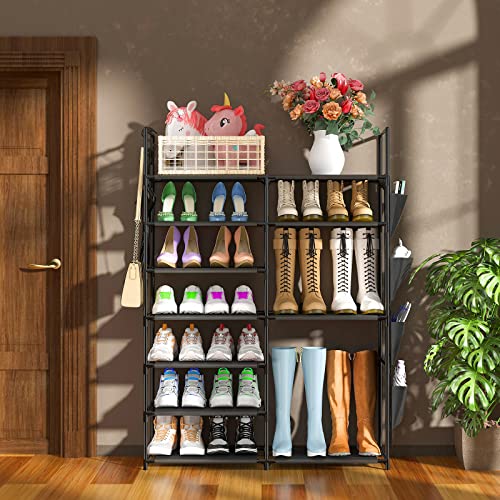 Kottwca 7 Tiers Shoe Rack Metal Shoe Organizer for Entryway Closet, 24-28 Pairs Stackable Shoe and Boots Shelf Storage Cabinet with Hooks and Side Hanging Pockets for Bedroom, Garage, Black - size: 2 Row 7 Tier