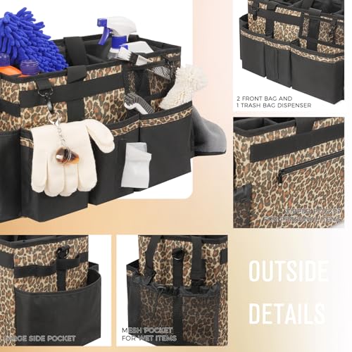 SCAVATA Wearable Cleaning Caddy, Cleaning Caddy Supplies Organizer with Handle & Shoulder Straps for Housekeepers, Under Sink & Car Cleaning Tool Organizers Bag with 4 Foldable Divider (Leopard) - color: Leopard