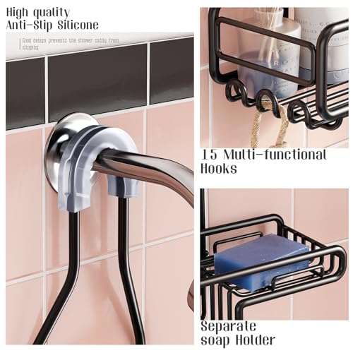 Shower Caddy Hanging Bathroom Organizer: Over Head Adjustable Rack for Tall Showerhead - Extra Large Storage Shelf for Big Shampoo Bottles with Soap Holder - color: Black