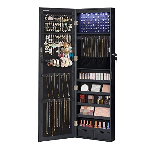 SONGMICS 6 LEDs Mirror Jewelry Cabinet, 47.2-Inch Tall Lockable Wall or Door Mounted Jewelry Armoire Organizer with Mirror, 2 Drawers, 3.9 x 14.6 x 47.2 Inches, Black UJJC093B01 - color: Black