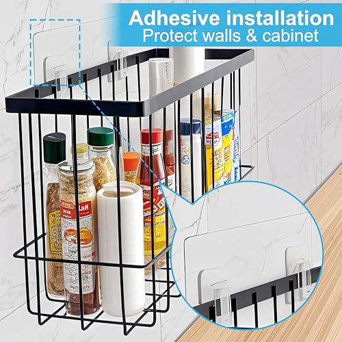 Cabinet Door Organizer Basket 2 Pack, Foil and Plastic Wrap Organizer with 2 Sponges, Lid Organizers Inside Cabinet, Metal Basket for Kitchen Organizers and Storage, Utility, Black (Medium,Large) - color: Black (Medium+Large)