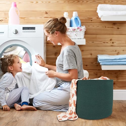 XUANGUO Cotton Rope Basket For Girls Boys Kids 16”X14” Baby Laundry Basket Nursery Bin Round Woven Baskets Organizer For Storage Toys Blankets Shoes Clothes dark green - color: dark green