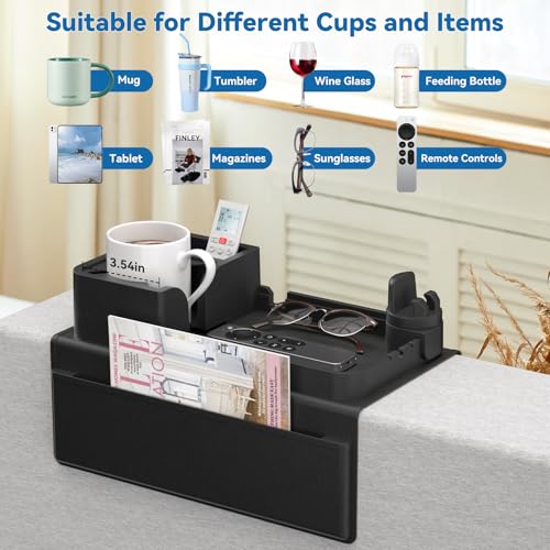 Couch Arm Cup Holder CLESOO Couch Arm Tray Anti-Slip Couch Cup Holder Silicone Sofa Armrest Tray Dual Side Pocket Couch Drink Holder Sofa Caddy Arm Remote Holder Snack Caddy with Phone Holder Black - color: Black