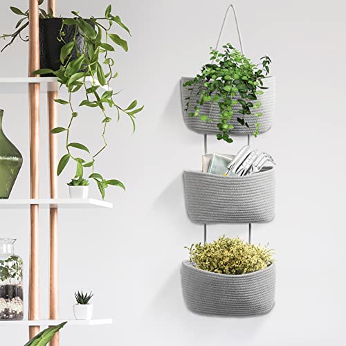 TeoKJ Over the Door Hanging Basket, 3-Tier Woven Cotton Wall-Mounted Storage Organizer Bag Decorative Hanging Nursery Baskets, Gray - color: Gray