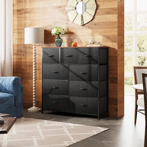 WLIVE 9 Drawer Dresser, Fabric Storage Tower for Bedroom, Hallway, Closet, Tall Chest Organizer Unit for Bedroom with Fabric Bins, Steel Frame, Wood Top, Easy Pull Handle, Black and Rustic Brown - color: Black and Rustic Brown