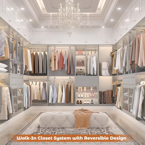 Closet System with 2 Drawers, 5 Hanging Robs, 4 Adjustable Shelves, 90.5"*31.5" Closet Organizer System with Corner Tower, L-shape Walk-in Closet System, Corner Closet System Set of 2, Morandi Grey - color: Morandi Grey, size: 90.5" * 31.5"