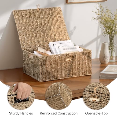 StorageWorks Extra Large Wicker Baskets with Lid for Organizing, Seagrass Storage Baskets for Shelves, Decorative Box with Built-in Handles, Natural, 1 Pack - color: Natural(Seagrass), size: 16½"L × 13"W × 7½"H