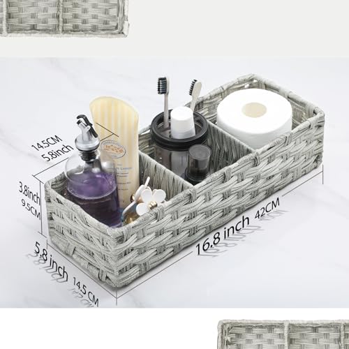 [Larger Compartments] Toilet Tank Topper Paper Basket - Multiuse Hand Woven Plastic Wicker Basket with Divider for Organizing, Rustic Farmhouse Bathroom Decor, Countertop Organizer Storage, Gray Wash - color: Gray Wash