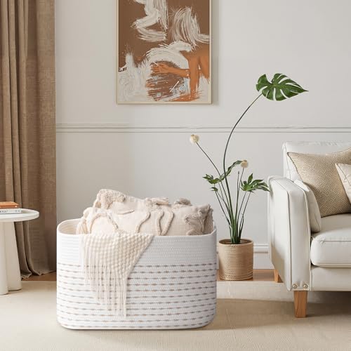 OIAHOMY 75L Blanket Basket, Woven Cotton Rope Basket for Organizing 22”x17”x12”, Used for Living Room, Bedroom, Nursery, Light Yellow & White - color: Light Yellow & White, size: 22”x17”x12”