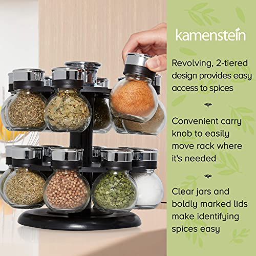 Kamenstein Ellington 16 Jar Revolving Spice Rack with Prefilled Spices - Rotating Chrome and Plastic Countertop Organizer with Sifter Caps and Labeled Lids - size: 16-Jar, style: 16-Jar Ellington