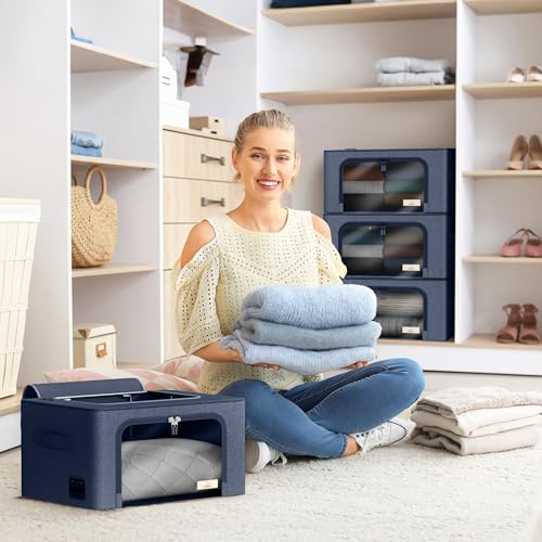 Sorbus Storage Bins with Metal Frame - Stackable & Foldable Clothes Organizer Bags - Oxford Fabric Storage Containers with Large Clear Window & Carry Handles, Bedroom Organization for Bedding & Linen - color: Blue, size: 6 Pack