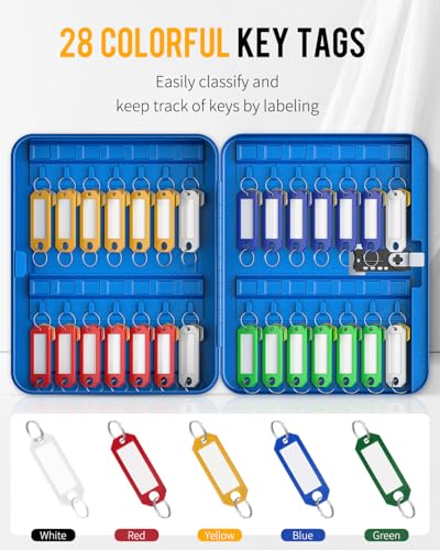 Uniclife 28 Keys Steel Key Cabinet with Resettable Code Blue Wall Mounted Key Organizer with Combination Lock Digital Security Box with Hooks and Large Key Tag Labels Identifiers in 5 Assorted Colors - color: Blue, size: 28 Keys