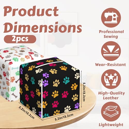 Tissue Box Cover Square, Colourful Paw Prints Tissue Box Holder Leather Facial Paper Case Modern Home Decoration for Bathroom Kitchen Bedroom Night Stands, 2 Pcs - color: Colourful Paw Prints