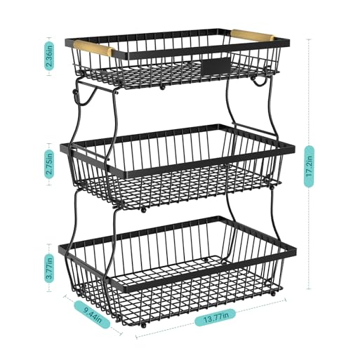 3 Tier Fruit Basket for Kitchen Counter with 2 Banana Hangers, Countertop Metal Fruit Bowl with Wooden Handle, Large Storage Stand for Vegetables, Snacks, Breads, Produce Storage – Black - color: Black, size: 3 Tier