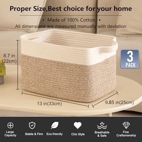 OIAHOMY 3 Pack Storage Baskets for Organizing, 13''X9.85''X8.7'' Storage Bins,Woven Basket with Handles, Toy Storage Bin,Stylish Room Decor Basket, white & Brown variegated - color: Brown variegated, size: 13''×9.9''×8.7''