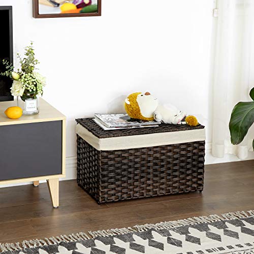 SONGMICS Storage Basket with Lid, Woven Blanket Storage Bin with Handles, Foldable, Removable Liner, Metal Frame, for Bedroom, Laundry Room, 17.2 Gallons (65 L), Brown URST56BR - color: Brown, size: 65 L