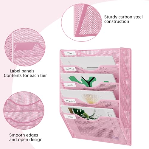 EasyPAG Wall File Organizer 5 Tier Hanging Paper Folder Holder, Zero Assembly Metal Mesh Wall Mounted Mail Organizer for Office Home Classroom Narrow Spaces, Pink - color: Pink, size: 5 Tier