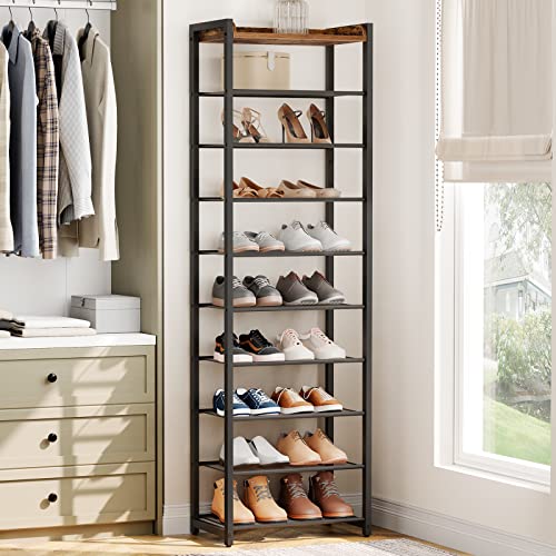 HOOBOR 10 Tier Shoe Rack, Large Capacity Shoe Storage for 18-20 Pairs, Sturdy Metal Shoe Shelf for Closet Entryway, Space Saving Shoe Organizer for Sneakers Heels, Rustic Brown BF40XJ01 - size: 20.5" L x 11.8" W x 67.7" H