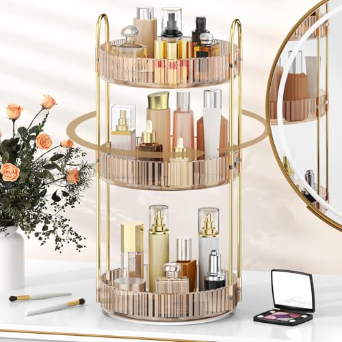 MOKANI 360 Rotating Makeup Organizer for Vanity, 3 Tier Adjustable Perfume Organizer for Dresser, Multi-Function Spinning Cosmetics Skincare Storage for Bedroom, Dresser, Countertop, Amber - color: C-Amber, size: 3 Tier