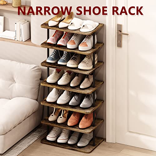 AZERPIAN Shoe Rack 7 Tier Vertical Storage Organizer Double Row Narrow Metal Slim Shelf Modern Free Standing Shoe Tower Saving Space for Closet Entryway Bedroom,Black+Rustic Brown - color: Black+rustic Brown, size: 7 Tier-Double Row