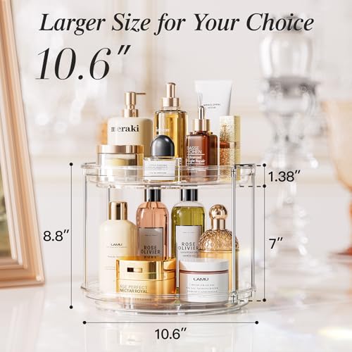 LAMU Rotating Makeup Organizer for Vanity, 10.6in 2 Tier Lazy Susan Turntable Stackable Spinning Skincare Organizer Cosmetic Perfume Tray Display for Bathroom Counterop, Large Capacity, Clear - color: Clear, size: 10.6in 1Pack
