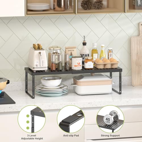 RUILALIFE Expandable Cabinet Organizer Shelf With Adjustable Height, Stackable Kitchen Countertop Organizer Rack, Adjustable Shelf Riser For Kitchen Counter, Pantry, Cupboard, Desk, Tabletop - color: Black-1 Pack