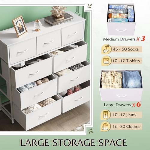 WLIVE 9-Drawer Dresser, Fabric Storage Tower for Bedroom, Hallway, Closet, Tall Chest Organizer Unit for Bedroom with Fabric Bins, Steel Frame, Wood Top, Easy Pull Handle, White - color: White